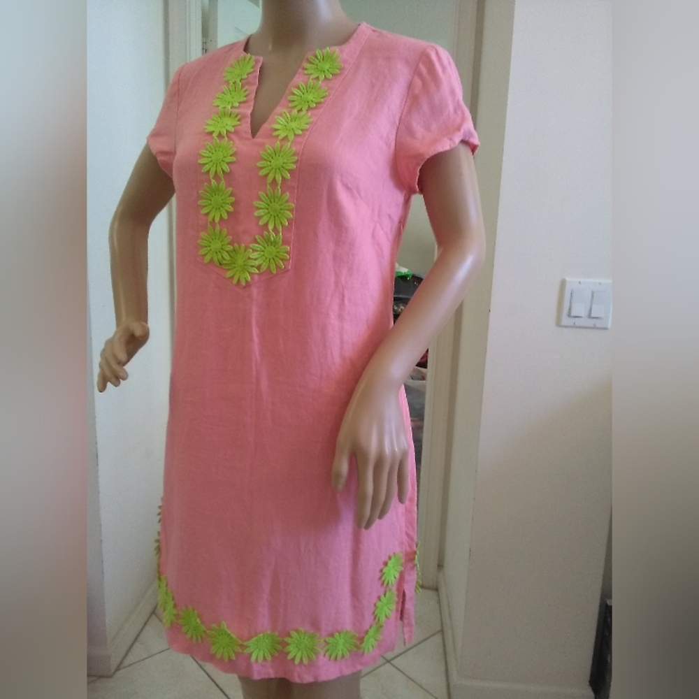 NWOT SAIL TO SABLE LINEN Pink Mini Dress Green Floral Embroidery Sz XS PTP 18-19 - Picture 6 of 8